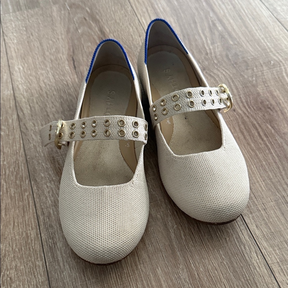 Rothy's Cream Mary Jane Flats with Gold Accents